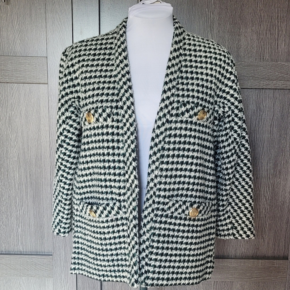 Maje Black & White Houndstooth Tweed Jacket with Gold Buttons